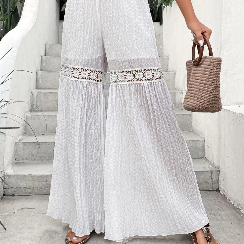 White Boho Womens Solid Contrast Lace Wide Leg Pants - Picture 4 of 5